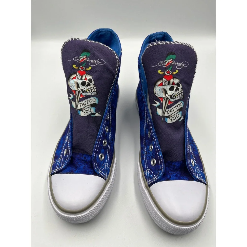 Ed Hardy High Top Sneakers Size 8 Blue Tattoo Skull Graphic‎ Y2K Lace Up Shoes